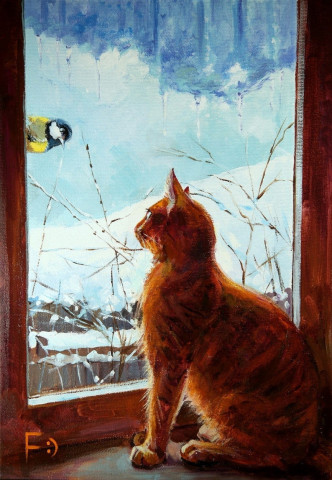 Рисунок кот на окне, синица за стеклом. Иллюстрация взята с сайта etsy точка com