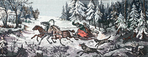 Волки преследуют сани зимой.