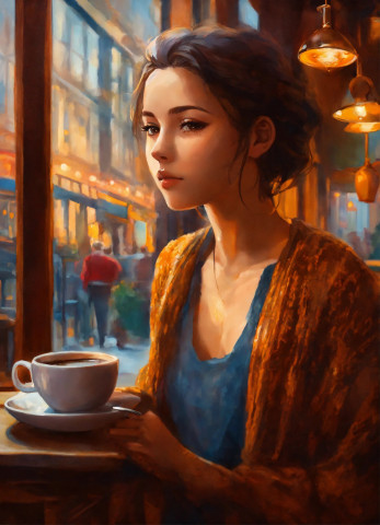 На рисунке изображена красивая девушка, сидящая в кофейне с чашкой ароматного кофе и томным мечтательным взглядом.