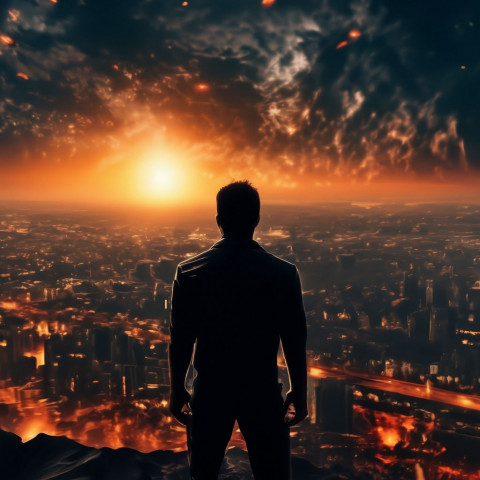Человек, изображенный на переднем плане, смотрит на разрушающийся город, кругом огонь и небо наполнено дымом, который закрывает солнце