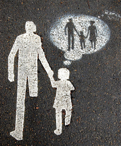 На асфальте изображена девочка идущая с отцом за руку, а рядом в облачке показано, о чём думает девочка: её ведут за руки папа и мама (дочка посередине)